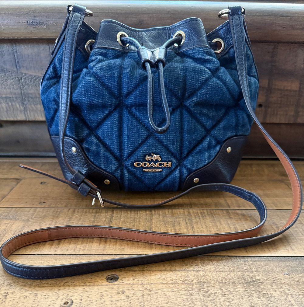 Coach Bucket Bag Womens Small Blue Quilted Denim Leather Drawstring Crossbody